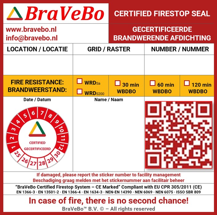 BraVeBo traceerbaar EI-brandwerend label met QR-code voor brandwerende afdichtingen alt